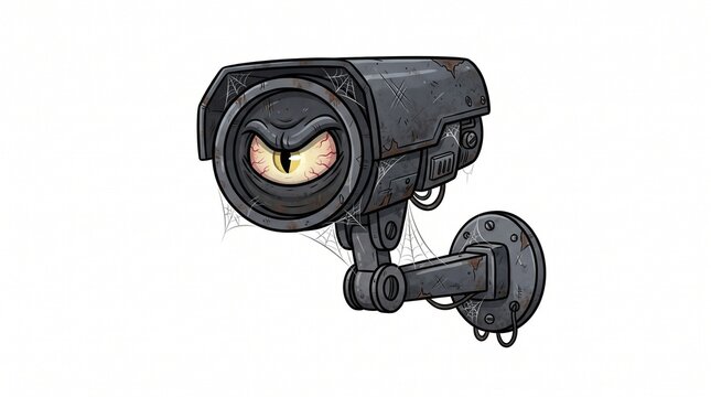 Evil security camera with giant yellow eyeball watching in darkness