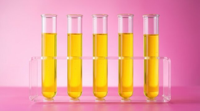 Five Test Tubes Filled With Yellow Liquid In A Rack