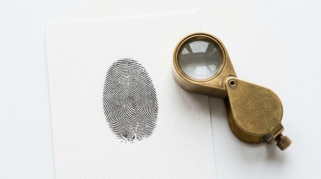 Fingerprint Investigation With Antique Magnifying Glass On White Paper