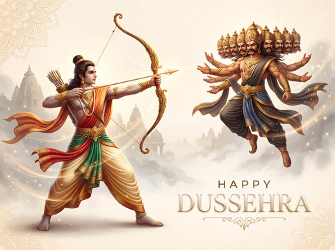 Indian mythological warrior aiming bow and arrow at multi headed demon