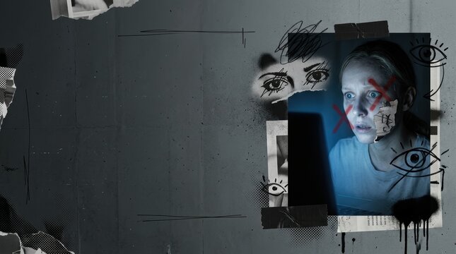 Psychological horror collage of woman stalked online, digital identity paranoia and surveillance art banner with copy space.