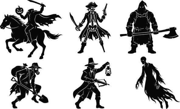 Halloween Character Silhouettes Set Featuring Headless Horseman Skeleton Pirate Executioner Grave Digger Witch Hunter and Ghost