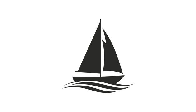 Black silhouette icon of a majestic sailboat yacht riding on gentle sea waves isolated on white background.