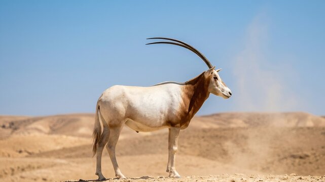 Wild Scimitar Horned Oryx Standing Proudly in a Dusty Desert Landscape