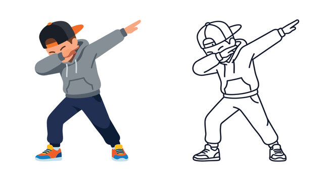 Boy performing dab pose colorful vector illustration and line art version