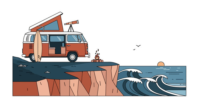 A flat vector illustration shows a vintage camper van parked on a rocky cliff edge overlooking ocean waves with a telescope and campfire nearby.