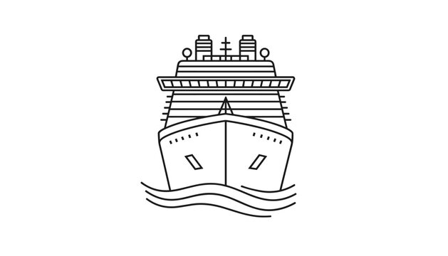 Symmetrical line art illustration of a massive cruise ship on the ocean waves, from a dramatic front perspective.