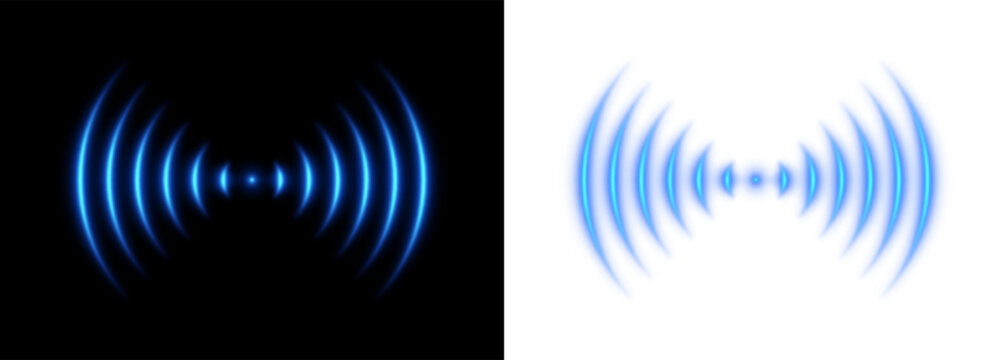 Horizontal acoustic soundwave pulse with dual expanding radio frequency arcs, glowing blue sonar vibration for audio tech design