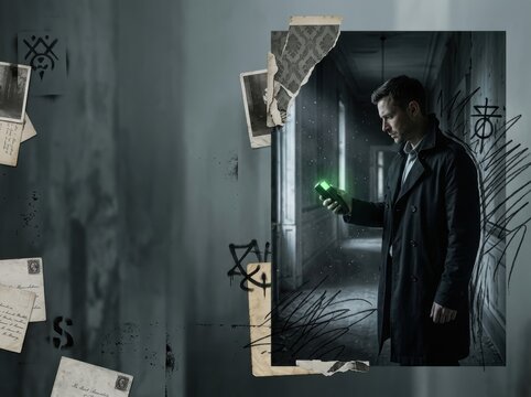 Paranormal investigator in haunted manor, minimalist mixed-media horror collage banner with glowing EMF meter and copyspace.