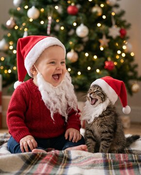 Baby and cat wearing Santa hats and beards, laughing by Christmas tree  