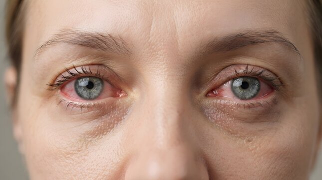 Close Up of Red Irritated Eyes with Bloodshot Blood Vessels, Eye Health Problem Concept