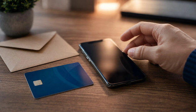 Making online payment with credit card on mobile phone at modern desk hand holding smartphone screen e commerce transaction digital wallet payment processing wooden desk financial servic