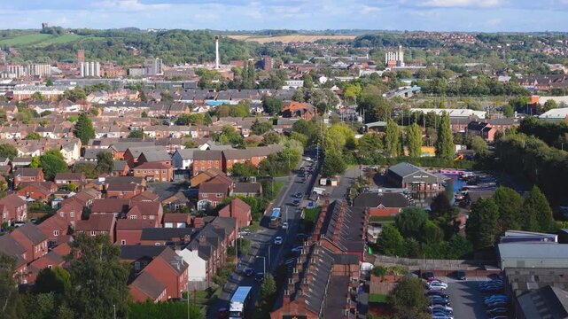 Aerial view of residential neighborhood and town skyline in Burton upon Trent