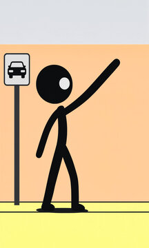 Flat design stick figure character hailing a taxi at a roadside cab sign.
