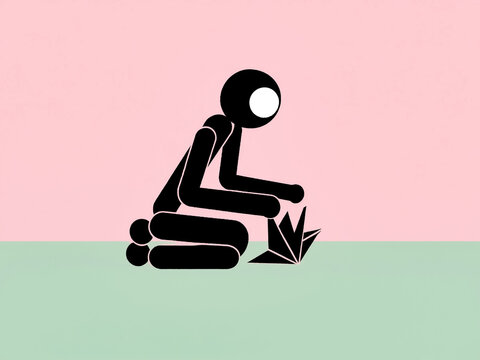 Flat design stick figure character kneeling on the floor and folding an origami shape. Paper craft and creative hobby concept.