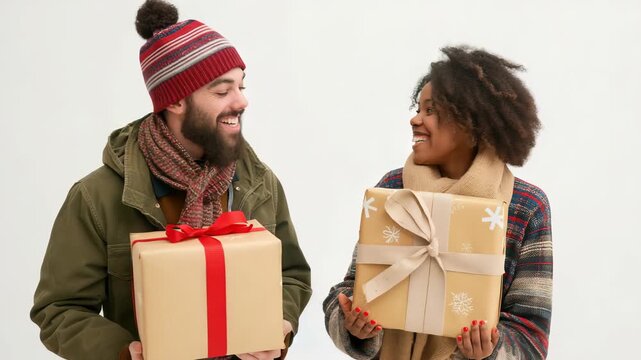 A happy couple wearing winter apparel holds gifts wrapped in brown paper with ribbons against a plain white backdrop. They are smiling and are ready to celebrate the holiday season together.
