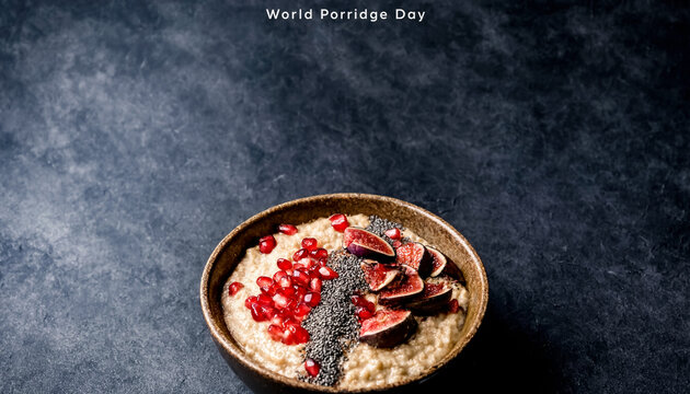 Poster for World Porridge Day with a bowl of oat porridge topped with pomegranate seeds, figs and chia.