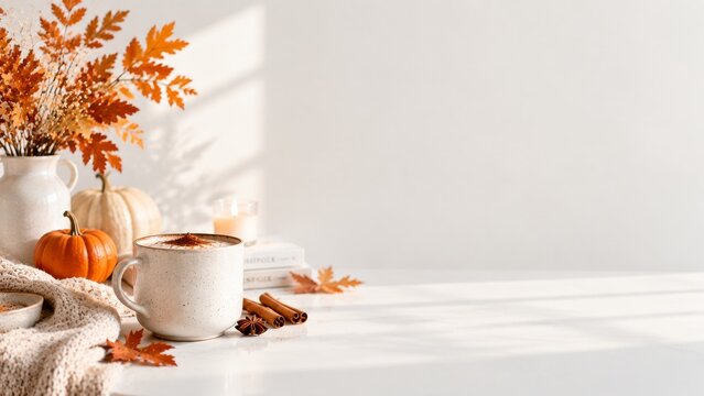 Minimalist autumn coffee scene with pumpkin spice drink, pumpkins and cinnamon