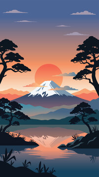 Mount Fuji at Sunset with Pine Trees Illustration
