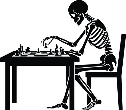 Skeleton playing chess vector illustration sitting at table making a move for dark fantasy and spooky horror concept art and graphics