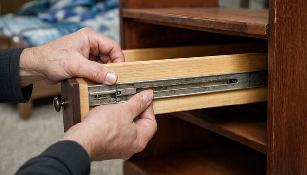 Person assembling a small wooden cabinet drawer by aligning the sliding runner tracks with wooden furniture sliding rail home improvement hardware assembly installation carpentry