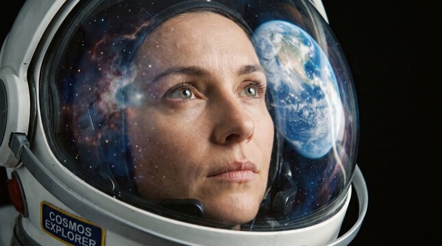 Woman in astronaut helmet with earth reflection looking at galaxy. Space exploration and future travel concept. Science and cosmos discovery for educational uses 