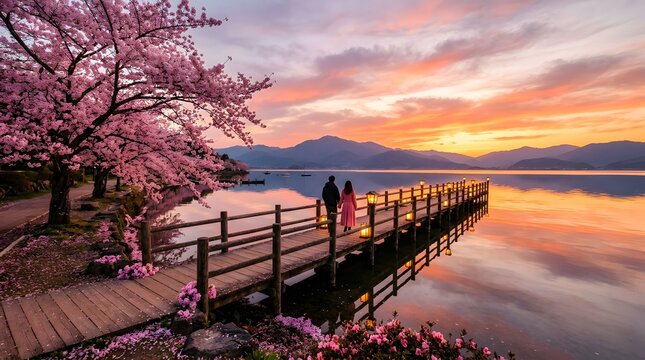  Serene sunset landscape of long wooden pier extending into calm mountain lake with vibrant pink cherry blossom tree in full bloom over pier entrance, glowing lanterns along pier with covered seating 