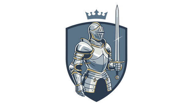 Heroic illustration of a knight in silver armor holding a sword standing inside a dark blue shield topped with a crown.