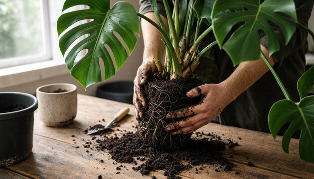Gardener holding large monstera plant root ball with soil over wooden table during repotting plant roots gardening hobby house plants indoor plants plant care gardener hands split leaf