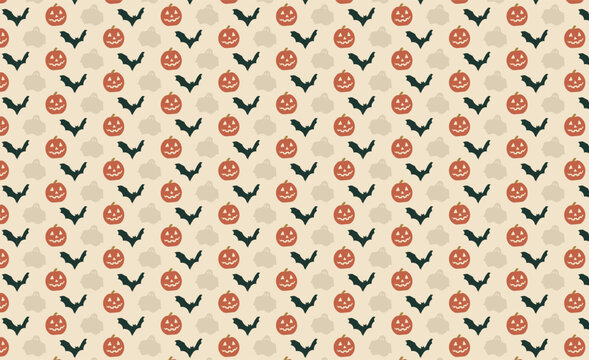 Minimal Halloween Seamless Pattern with Pumpkin, Flying Bat and Ghost in Vintage Autumn Colors