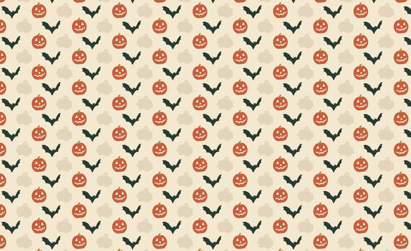 Minimal Halloween Seamless Pattern with Pumpkin, Flying Bat and Ghost in Vintage Autumn Colors