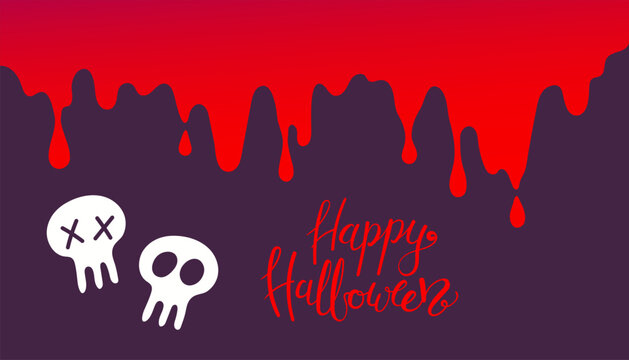 Fake blood flowing, dripping down, cute skull Happy Halloween lettering illustration. Holiday banner, party invite design. Hand drawn vector cartoon characters. Spooky decorative graphic elements