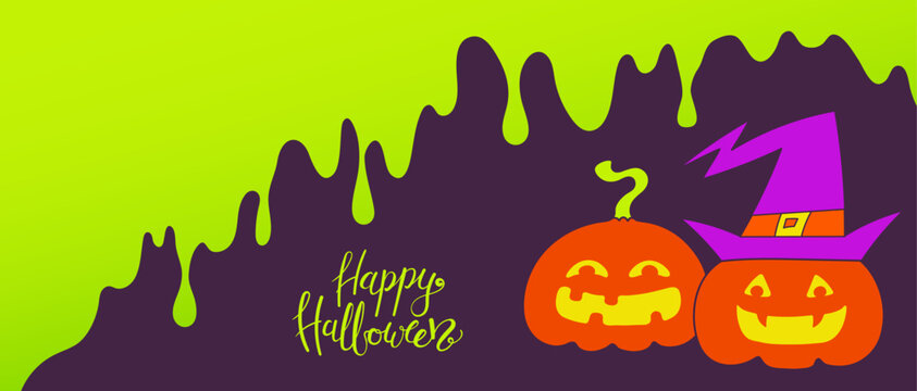Green slime flowing, dripping down, cute pumpkin, jack o lantern with glowing eyes in witch hat Happy Halloween lettering illustration. Holiday banner, party invite design. Hand drawn vector character