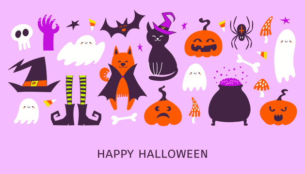 Cute Halloween pumpkin, jack o lantern, witch hat, legs, cat, dog in costumes, cauldron, spider, candy corn, ghost, zombie hand illustration. Holiday banner, party invite design. Hand drawn vector
