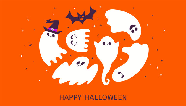 Cute funny ghosts in witch hat, flying bat Happy Halloween text illustration. Holiday banner, party invite design. Hand drawn vector cartoon characters. Spooky decorative graphic elements