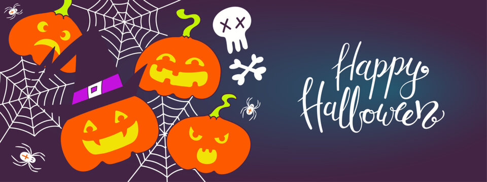 Cute pumpkin, jack o lantern o lantern with glowing eyes in witch hat, skull, spider, web, Happy Halloween lettering illustration. Holiday banner, party invite design. Hand drawn vector characters