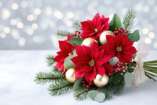 Christmas bouquet with poinsettias and ornaments