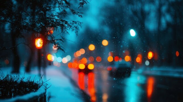 Snowy night street with blurred car lights