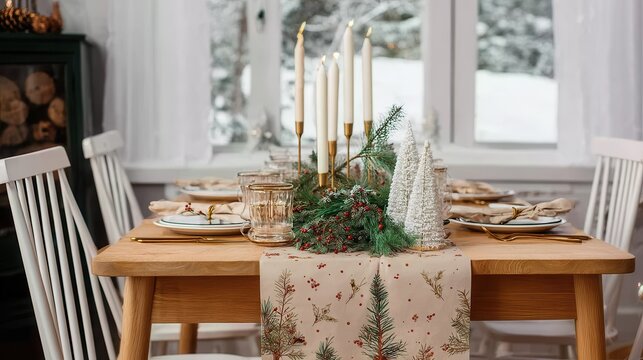 Christmas table setting with candles and snow