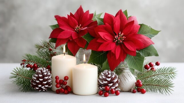 Poinsettia flowers candles pinecones festive holiday decor