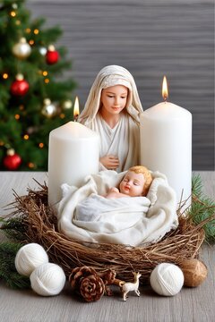 Christmas nativity scene with candles and figurines