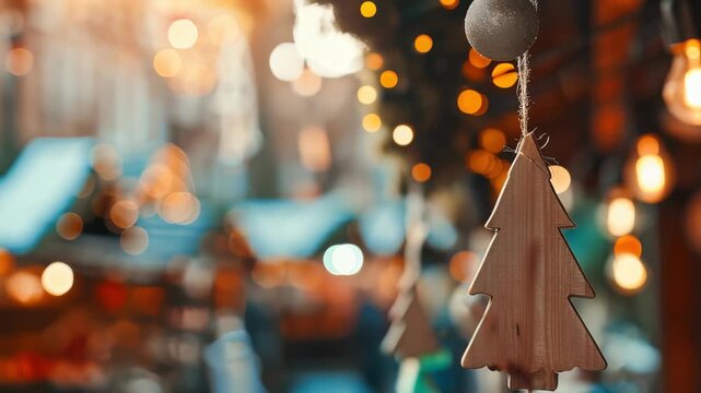 Festive display with wooden tree ornaments hung in front of blurry, warm lights. Creates a cozy and inviting winter holiday season atmosphere. Great for promotions and seasonal marketing.