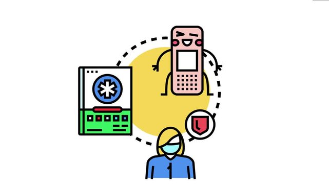 Medical aide concept featuring a smiling band aid character providing protection, a doctor in a medical mask, and an electronic health record system offering assistance and security