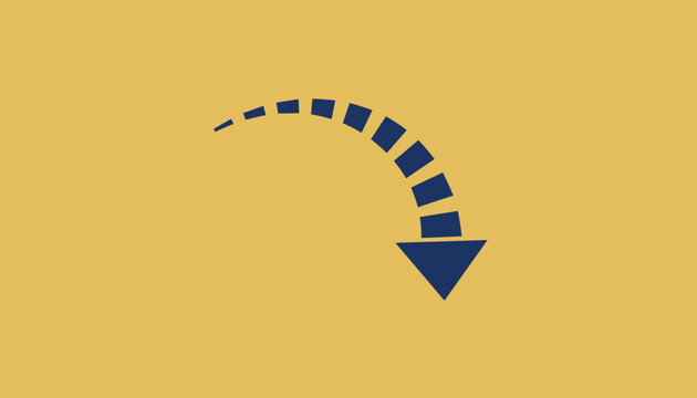 Simple blue dashed arrow creates a curved path pointing downwards towards the bottom right corner against a solid yellow background design.