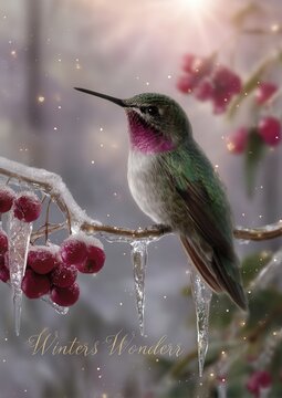 hummingbird perched on icy branch with snowberries
