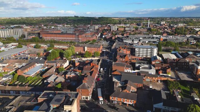 Wide aerial panorama of town center and industrial district in Burton upon Trent