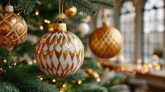 Gold and white Christmas ornaments on decorated tree