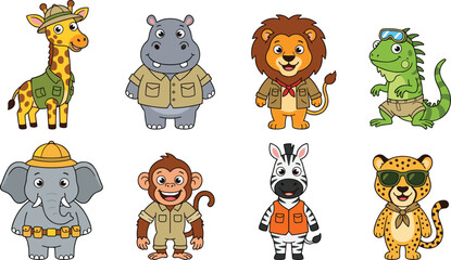 Fototapeta premium Cute Safari Animals Vector Illustration Set Featuring Giraffe Hippo Lion Iguana Elephant Monkey Zebra and Cheetah Characters in Explorer Outfits