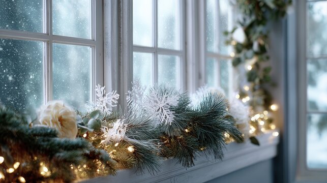 Christmas garland on windowsill with snowfall