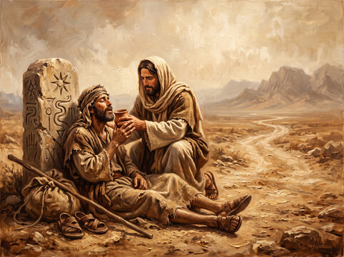 Jesus offering water to a weary traveler in the desert biblical scene